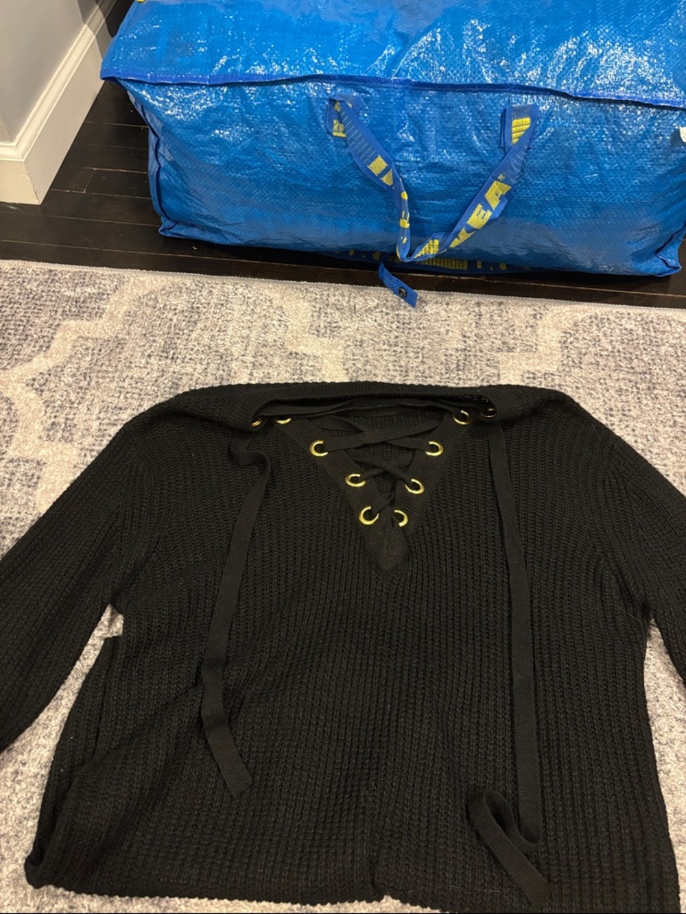 Olivaceous Black Lace-Up V-Neck Knit Sweater